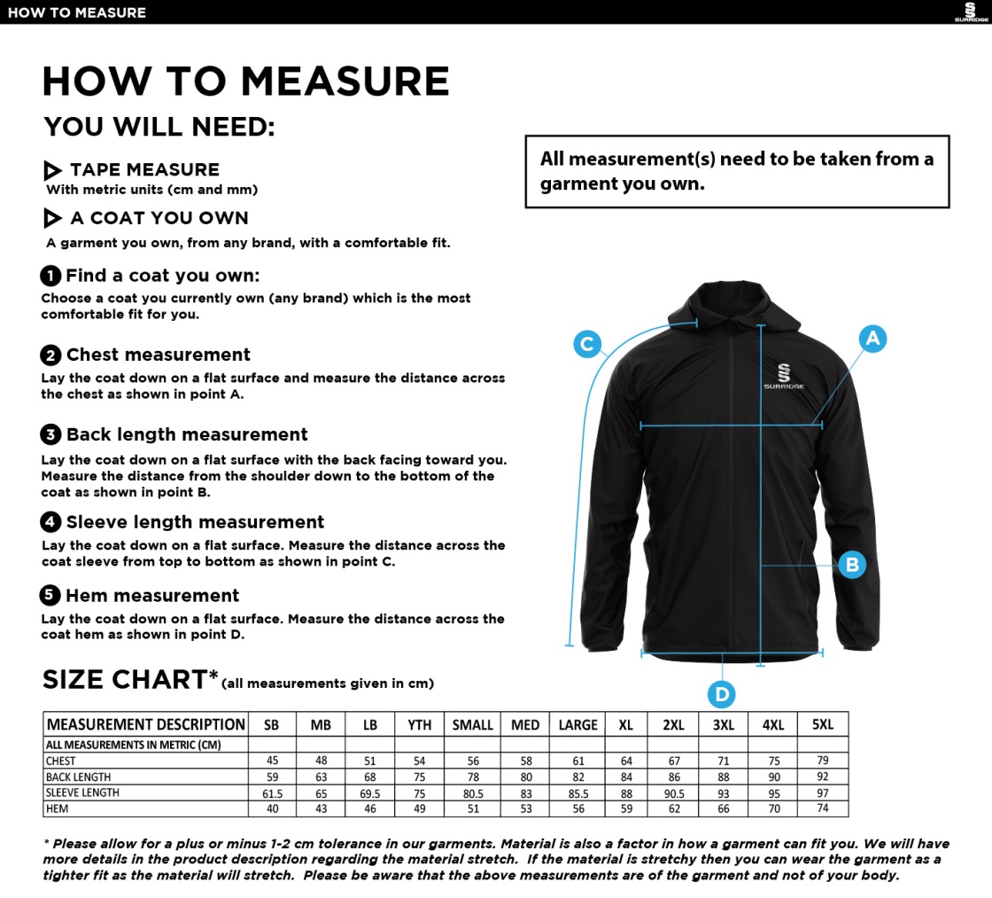 Waterlooville Social FC Training Jacket - Size Guide
