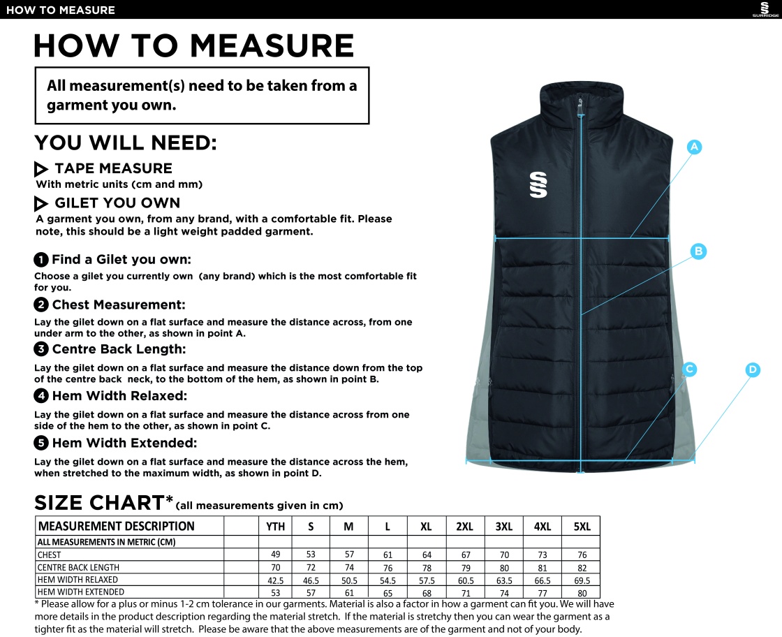 Waterlooville Social FC - Active Gilet - Size Guide