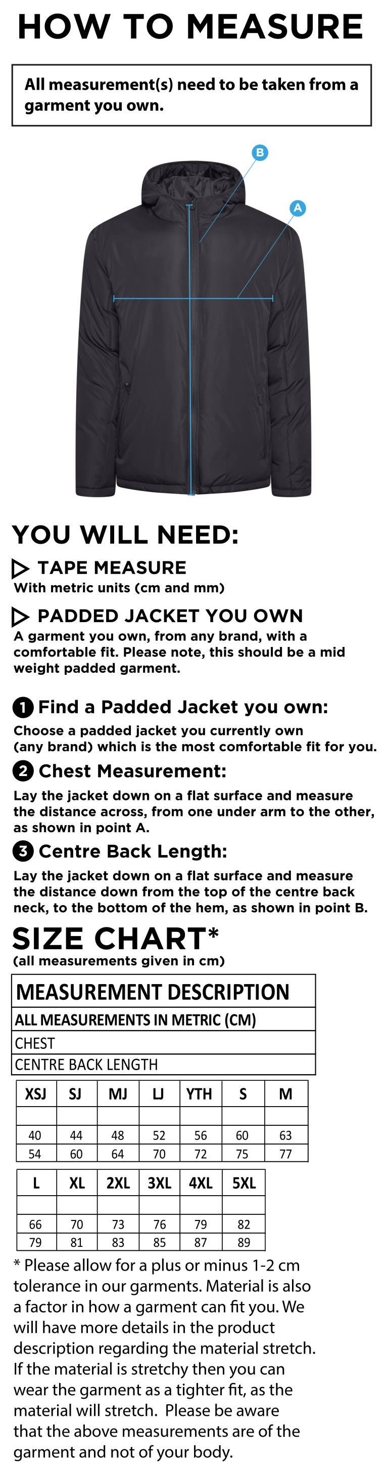Waterlooville Social FC Padded Jacket - Size Guide