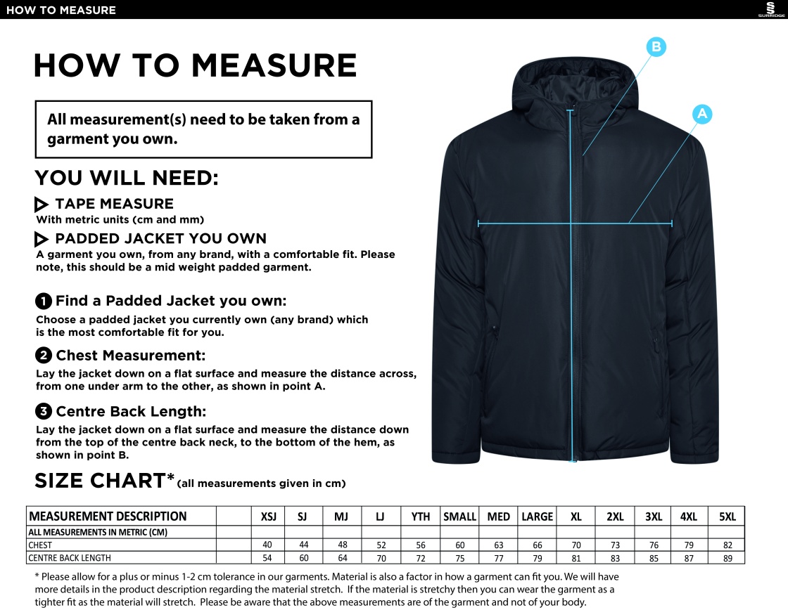 Waterlooville Social FC Padded Jacket - Size Guide