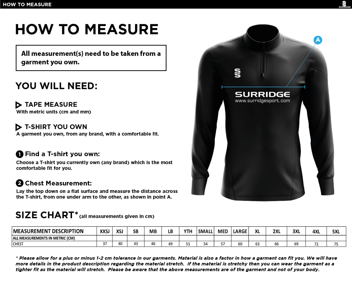 Waterlooville Social FC 1/4 Zip Performance Top - Size Guide