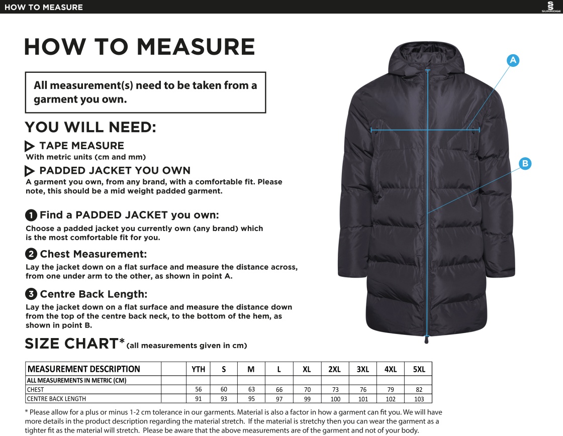 Waterlooville Social FC - Active Long Padded Jacket - Size Guide