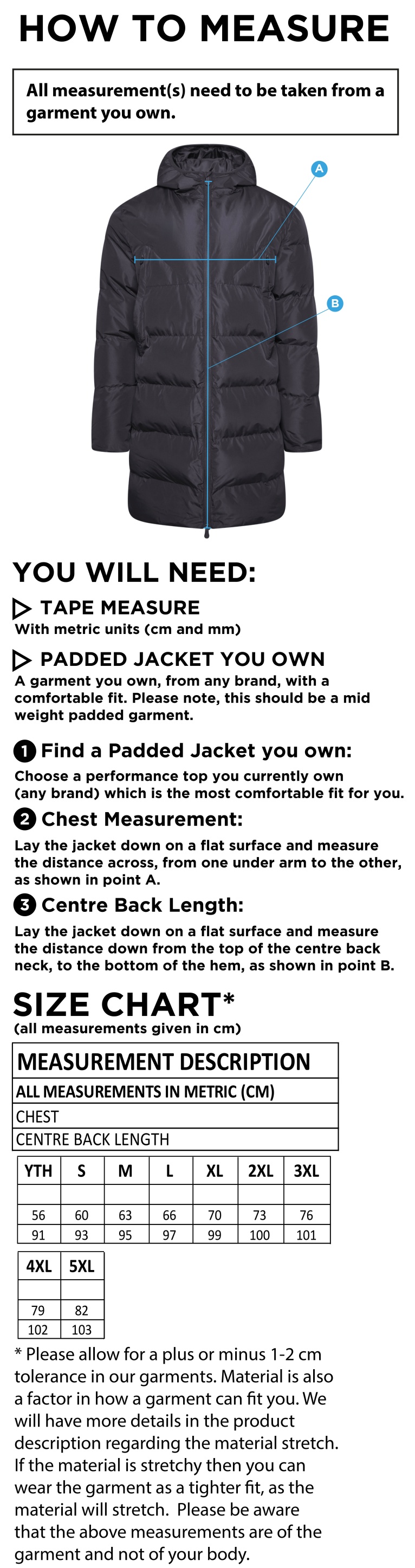 Waterlooville Social FC - Active Long Padded Jacket - Size Guide